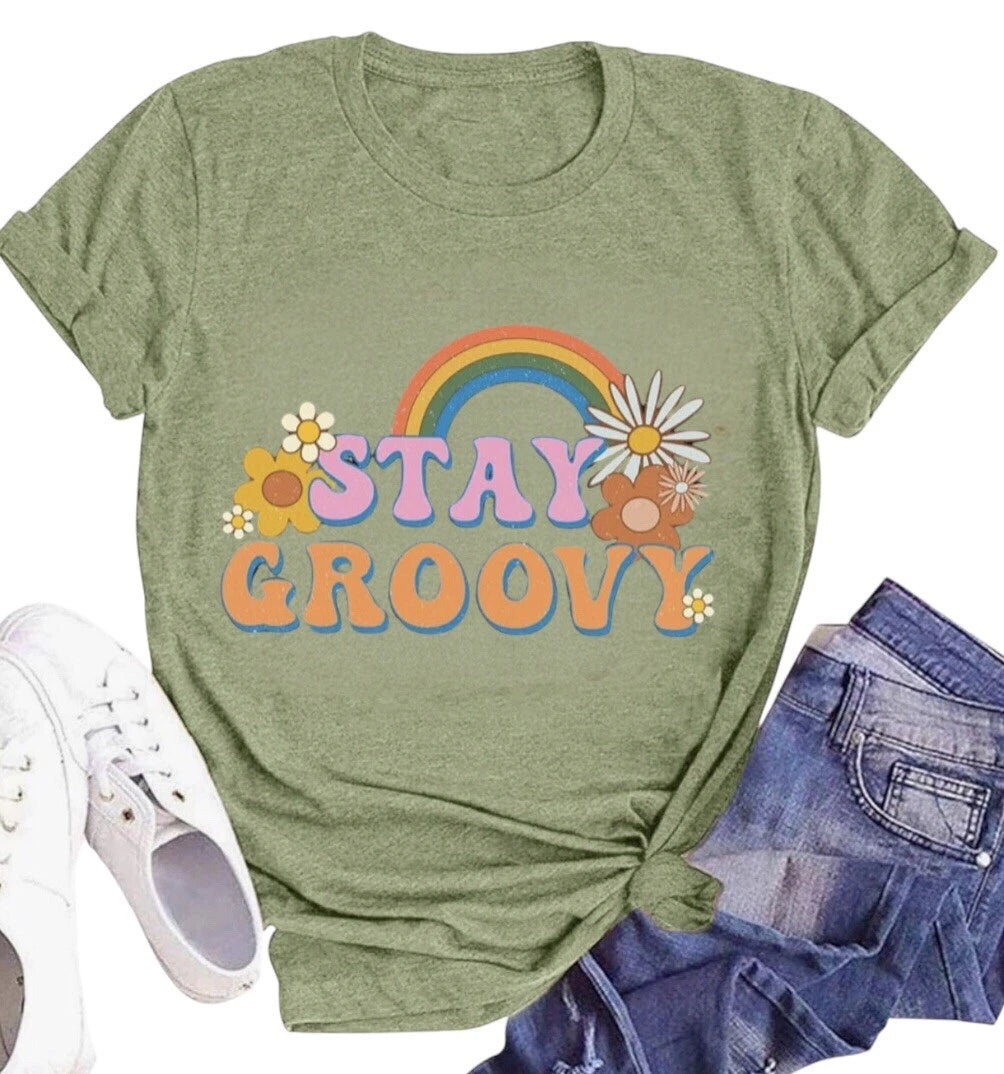 Stay Groovy Rainbow T-Shirt | Retro Hippie 70’s Flower Graphic Tee Tops Size XL