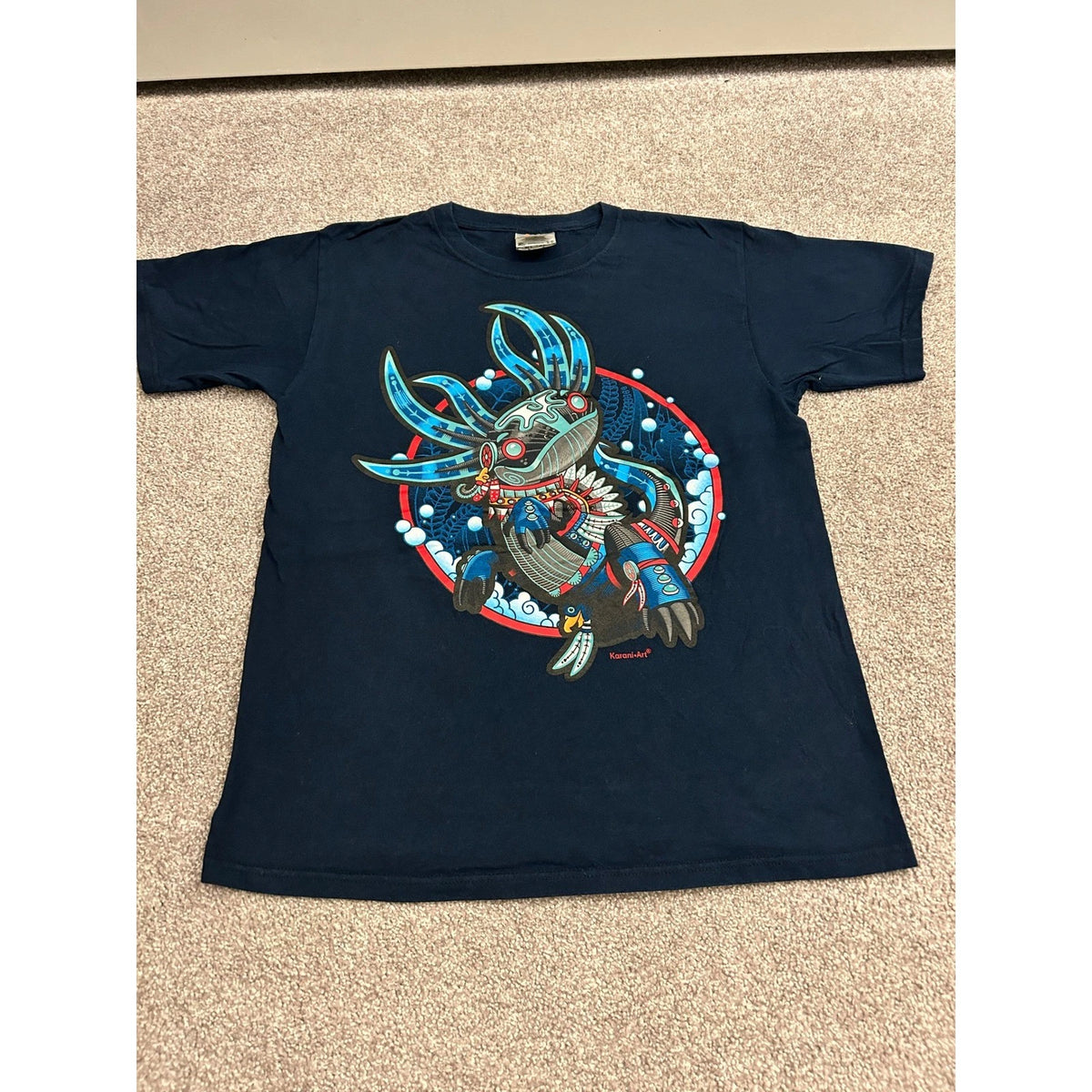 Karani Art Axolotl Graphic T-Shirt Mens Medium Navy Blue Excellent Aztec Style
