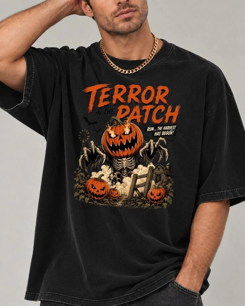 Scary Pumpkin Halloween Shirt Terror in the Patch Retro Horror Graphic Tee