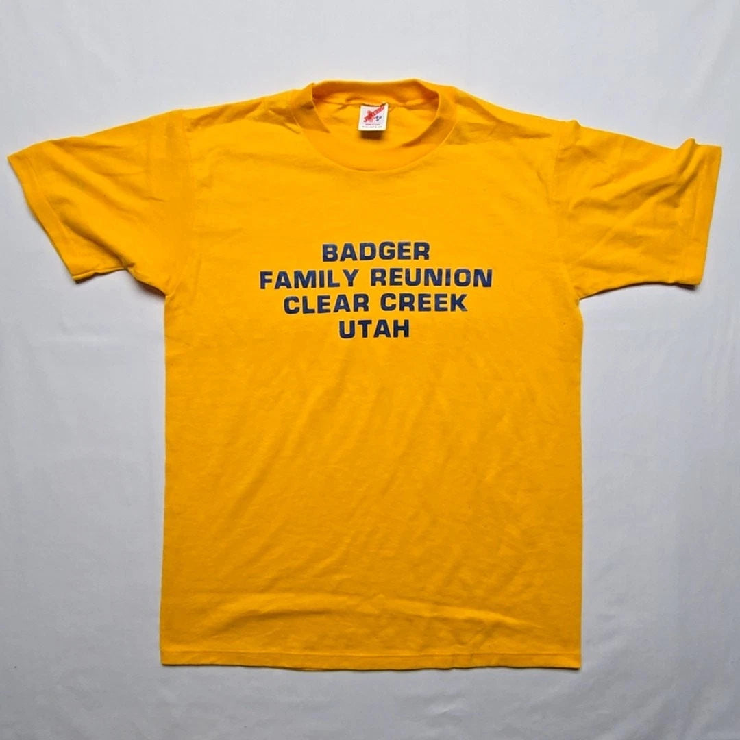Vintage Badger Family Reunion Shirt Clear Creek Utah Yellow Mens Large Tee 90s