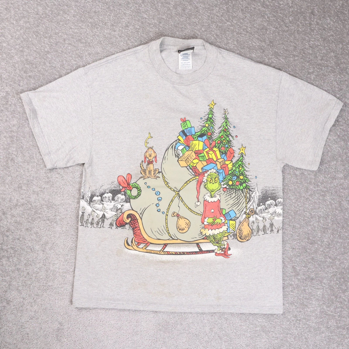 Vintage The Grinch Christmas Large Gray Short Sleeve T-Shirt