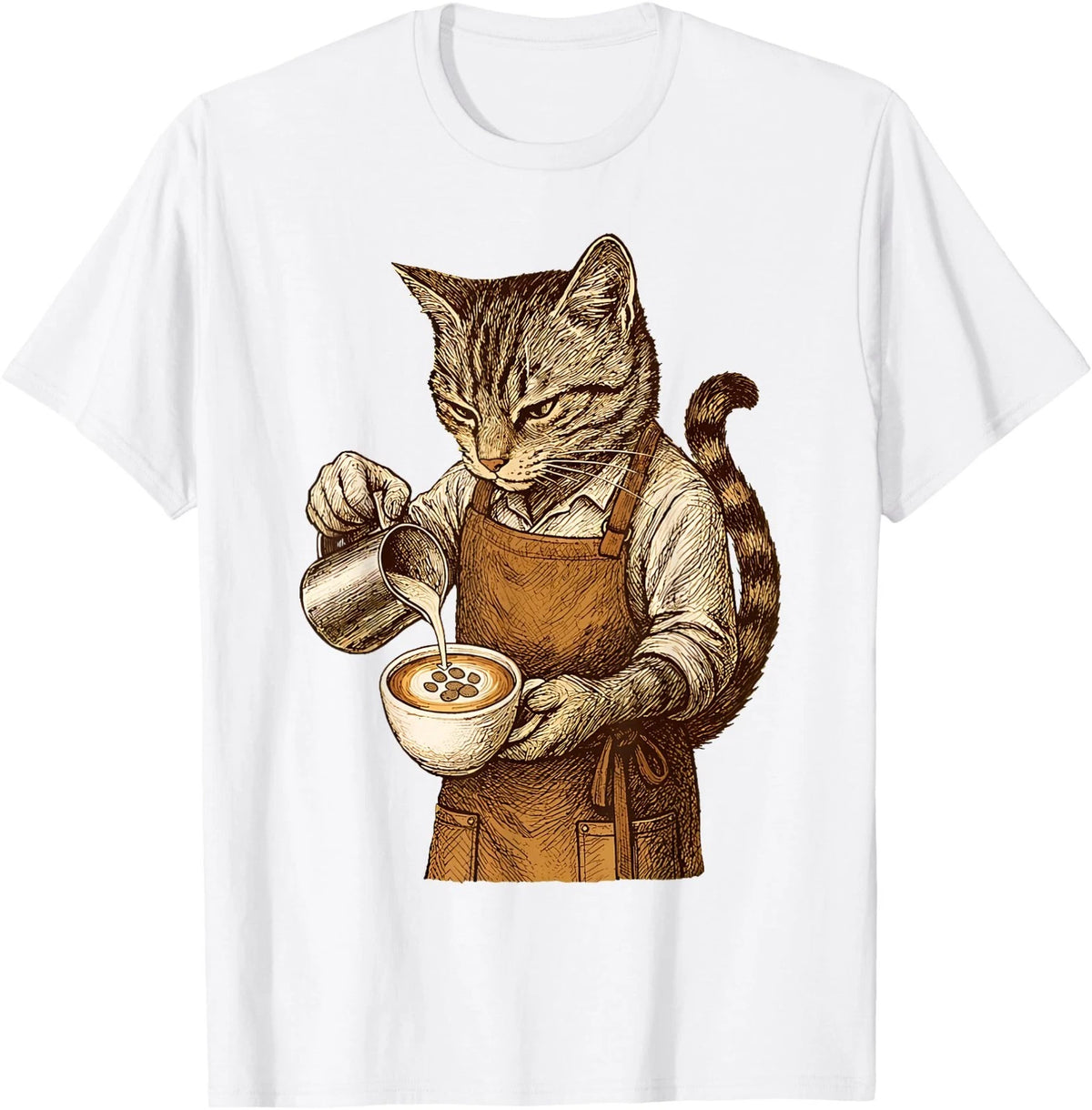 Cat Barista Coffee Lover Funny Vintage Cafe Art T-Shirt