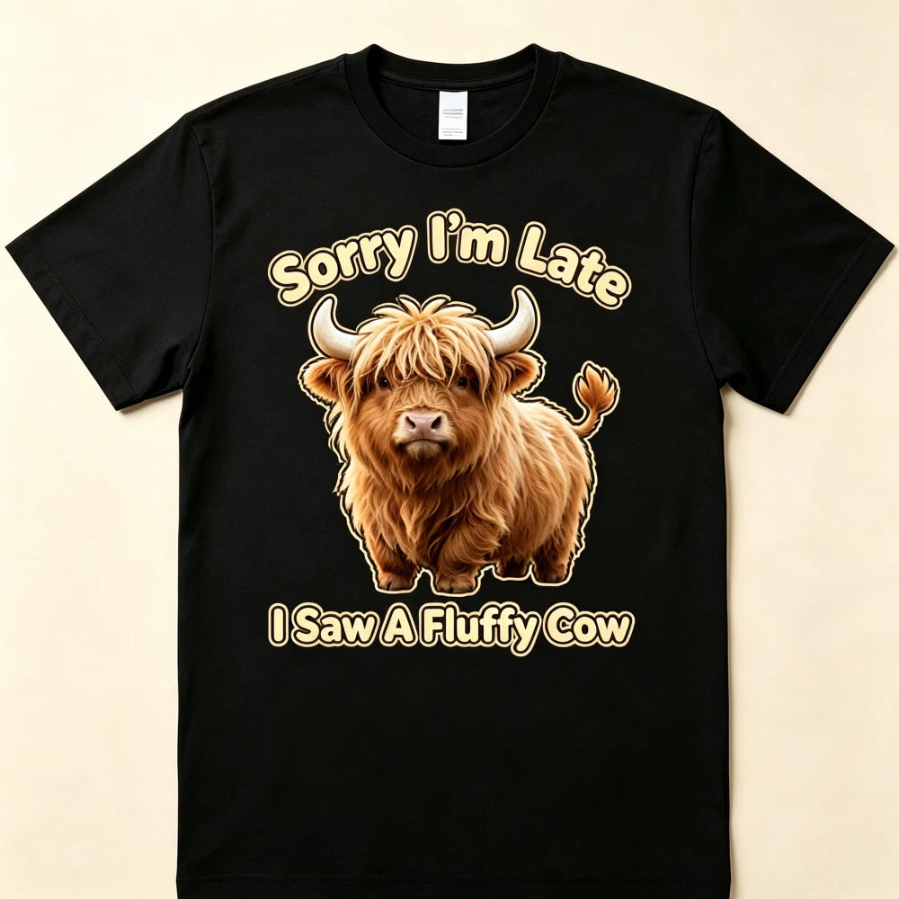 Cute Funny Sorry I'm Late I Saw A Fluffy Cow Highland Cow Short Sleeve TShirt