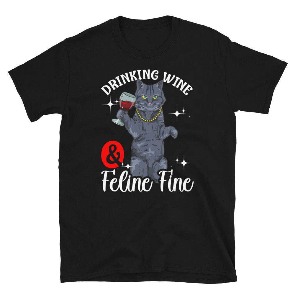 Drinking Wine and Feline Fine Black Cat Kitten Short-Sleeve Unisex T-Shirt