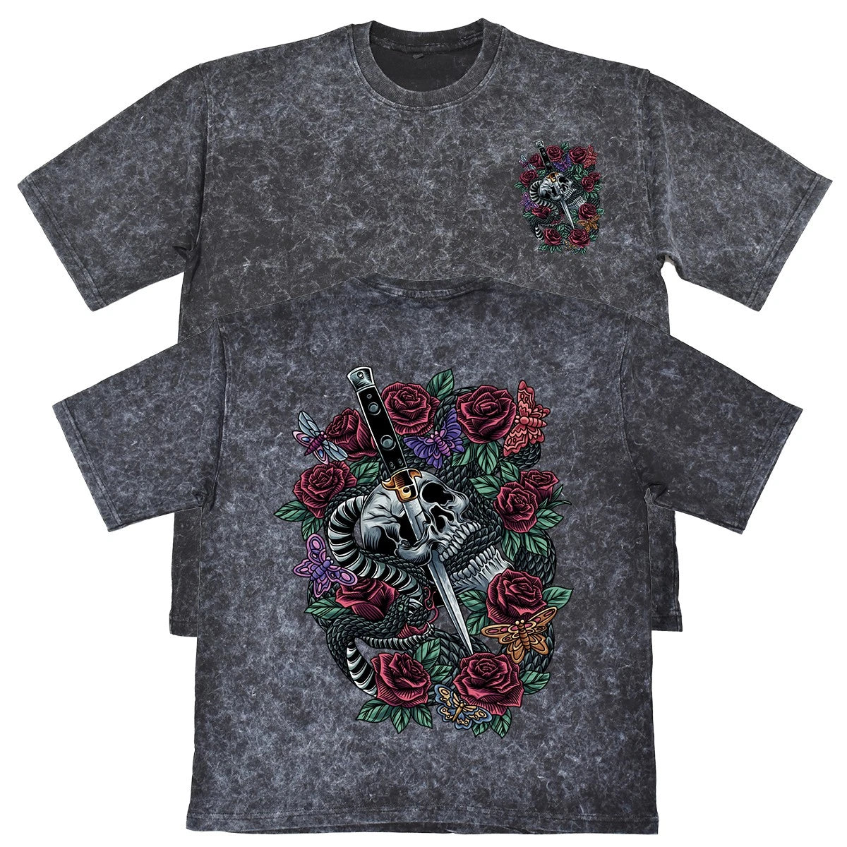 Skull Snake Roses Unisex Mens Carbon Grey 240gsm French Terry Acid Wash T-Shirt