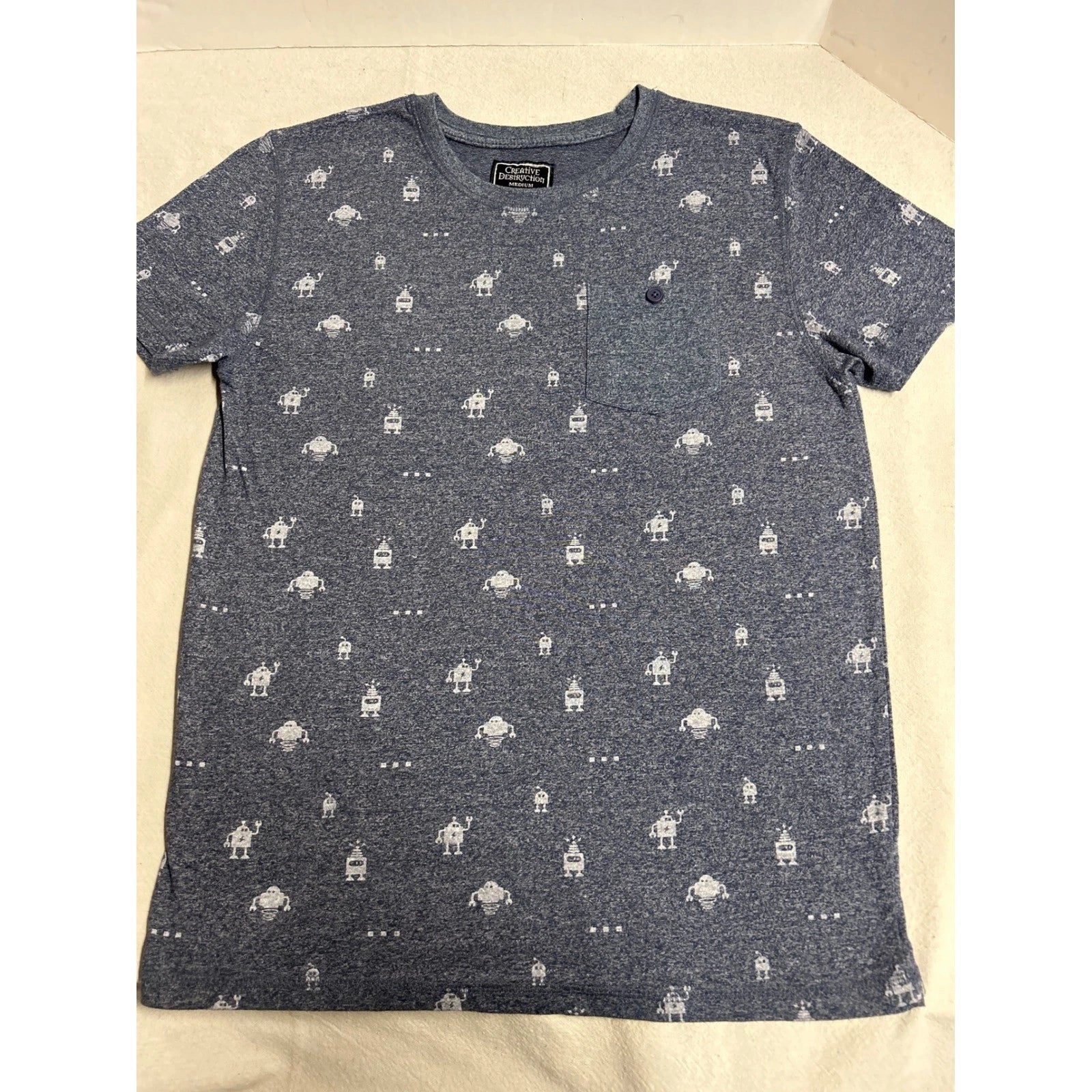 Creative Destruction Graphic Tee Robot Print Blue Short Sleeve Pocket Boys M