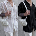 Trendy Men's Mesh Transparent Clubwear Shirt Top Middle Sleeve with Lace Detail