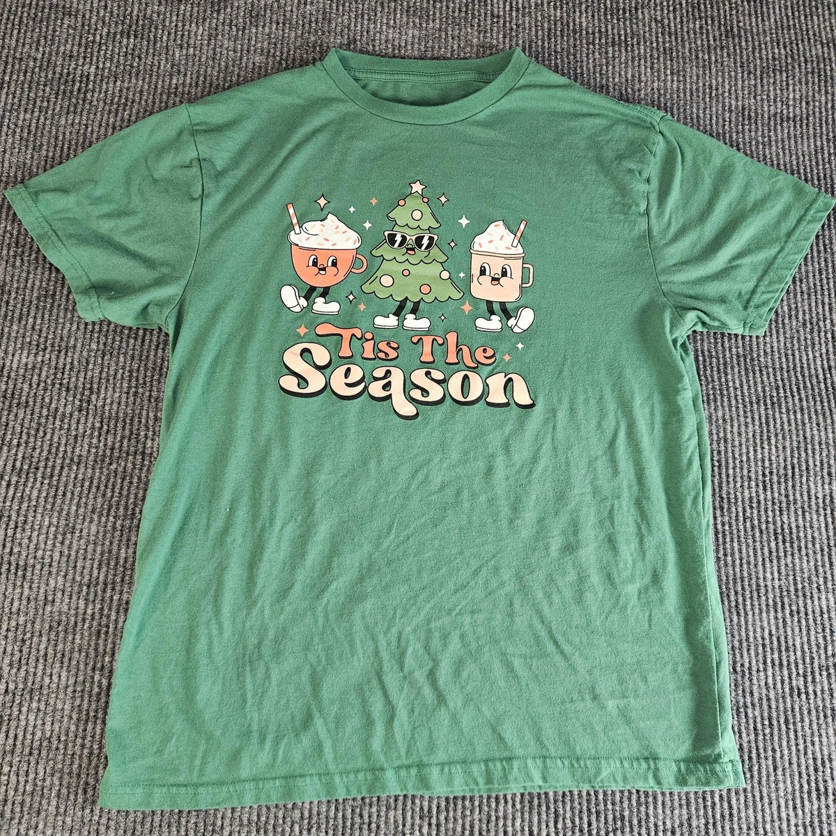 Tis The Season Shirt Mens Large Green Christmas Tree Hot Cocoa Graphic Tee