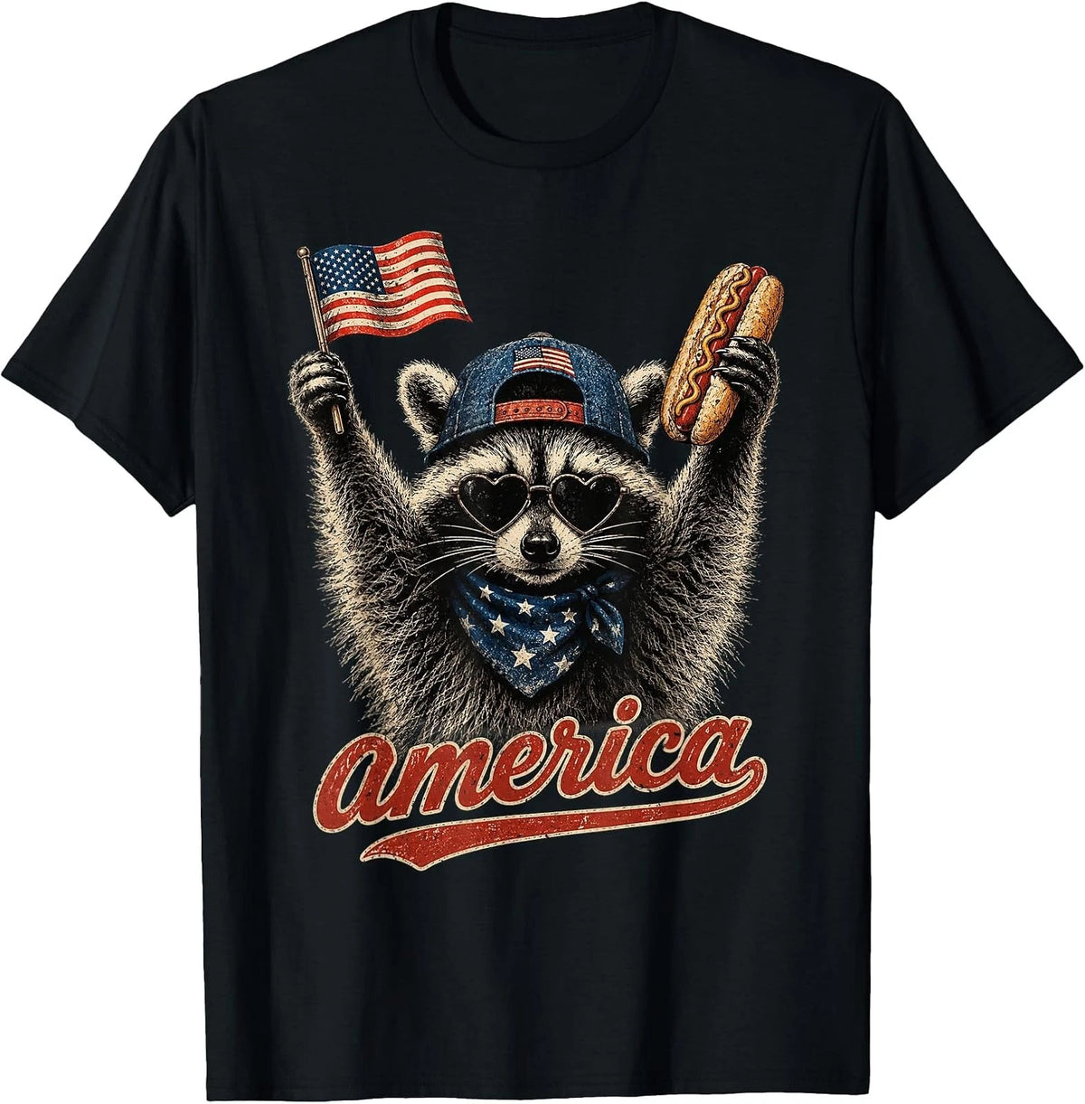 Retro Raccoon Hot Dog Flag T-Shirt for All Ages - Men, Women, Kids