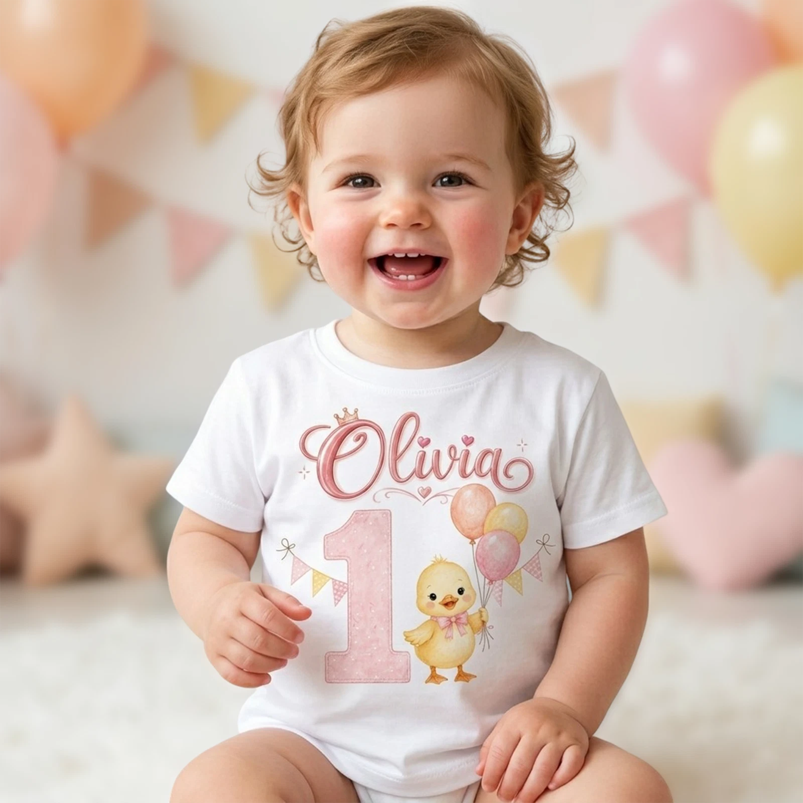 Personalised First Birthday Girl T Shirt with Cute Chick and Balloons
