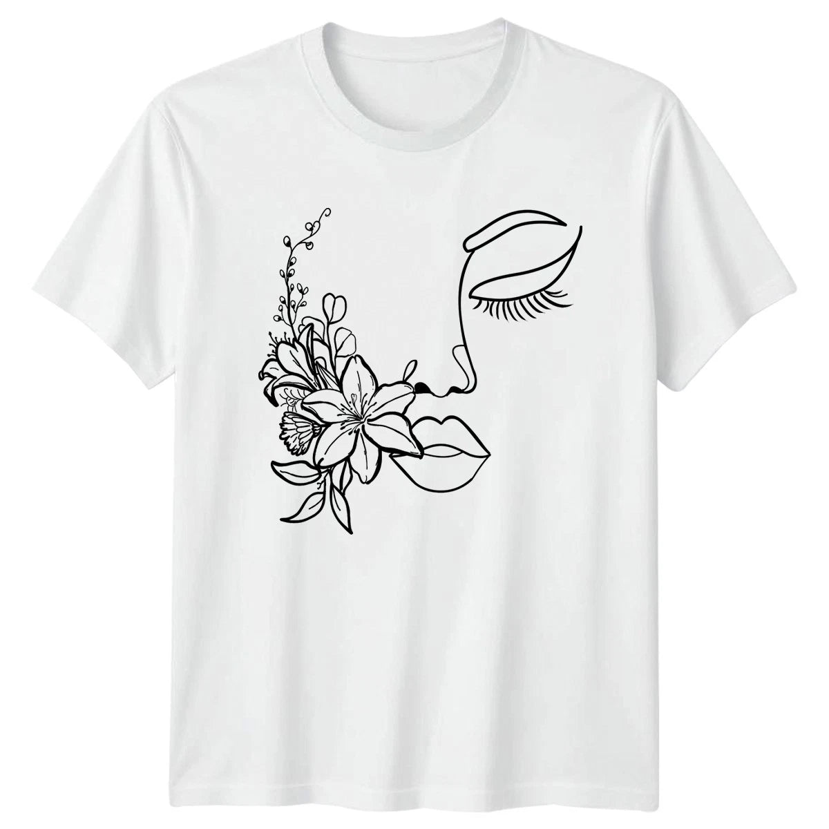 Elegant Floral Face Line Art Womens T-Shirt Minimalist Fashion Birthday