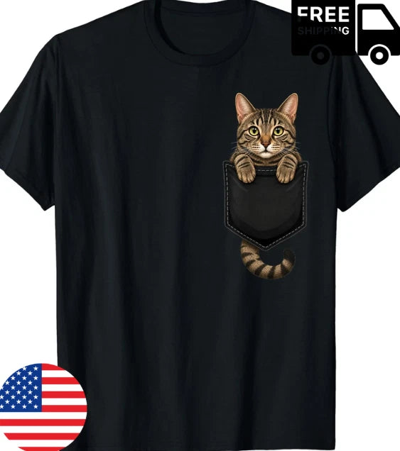 Brown Tabby Cat Lover Cute Pocket Cat Mom T-Shirt