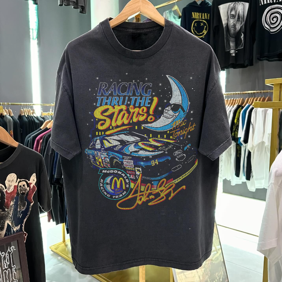 MCD0NALD'S RACING THRU THE STARS - 80'S-90'S RARE BLACK VINTAGE WASHED T-SHIRT Hoodie, Sweatshirt | PureTeeCo.com (Image 1)