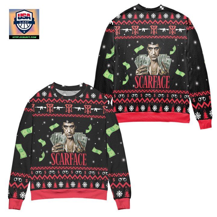 Scarface 1983 Film Pine Tree Snowflake Pattern Ugly Christmas Sweater Black