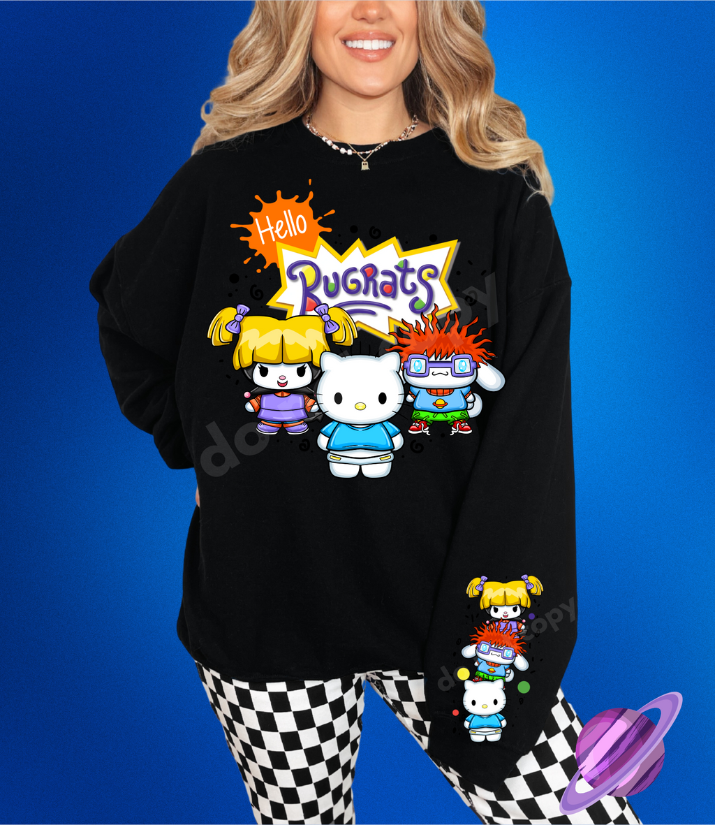 RUGKIDS KITTY- CREWNECK SWEATSHIRT  W/ SLEEVE PRINT T-Shirts, Hoodie | PureTeeCo.com (Image 1)