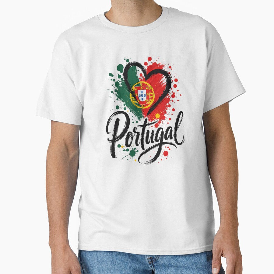 Portugal Flag Heart Ink Splatter National Pride Calligraphy Football Fan T Shirt by DienesAngele