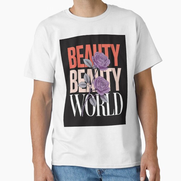 Elegant "Beauty World" Graphic Design with Purple Roses Classic T-Shirt Hoodie, Sweatshirt | PureTeeCo.com (Image 2)