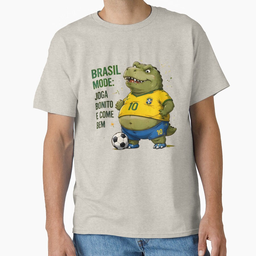 Funny Dinosaur Brazil Soccer Fan Joga Bonito Humor Gift by PreeCha Art & Co.