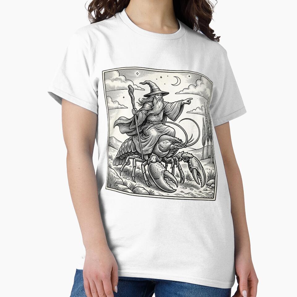Wizard Riding Lobster Shirt – Fantasy Vintage Engraving Magic Wizard Surreal Graphic Tee by JadmeStudio
