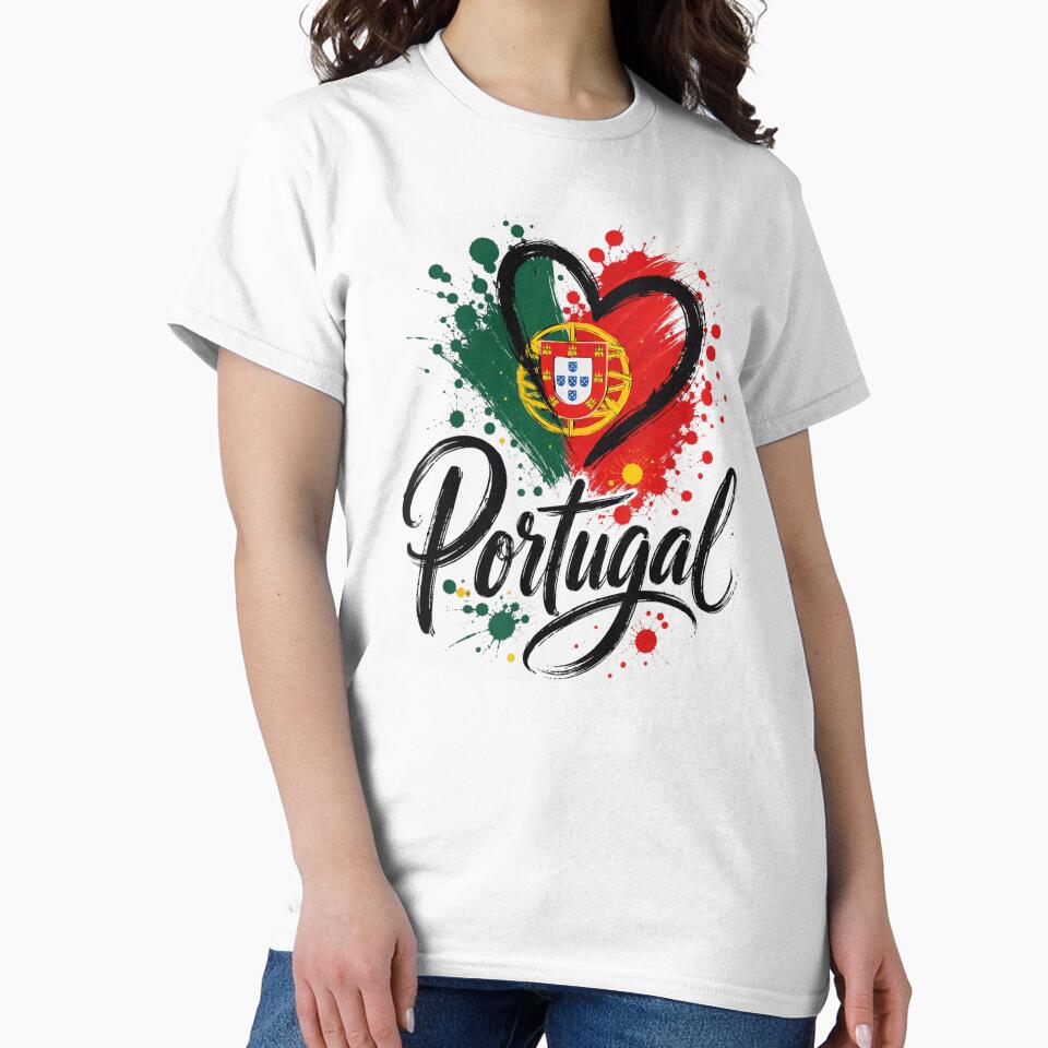 Portugal Flag Heart Ink Splatter National Pride Calligraphy Football Fan T Shirt by DienesAngele