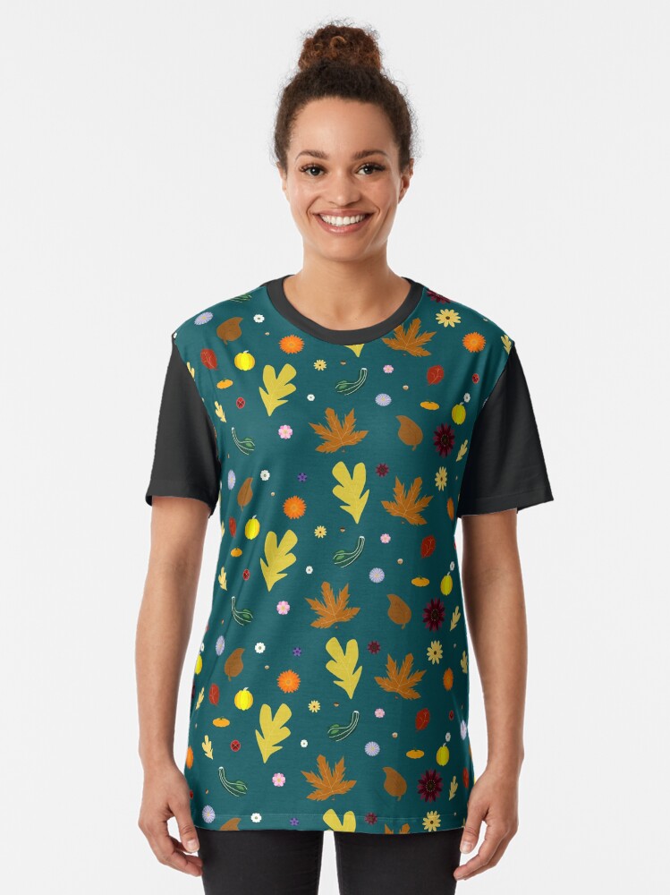 AUTUMN - Fall Leaves, Gourds, Flowers, and Acorns Version 1 (Deep Turquoise) Graphic T-Shirt Hoodie, Sweatshirt (Image 2)