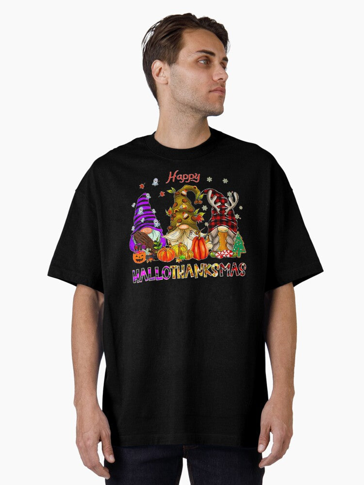 Happy Hallothanksmas Cute Gnomes Fall Halloween Oversized T-Shirt Hoodie, Sweatshirt | PureTeeCo.com (Image 1)