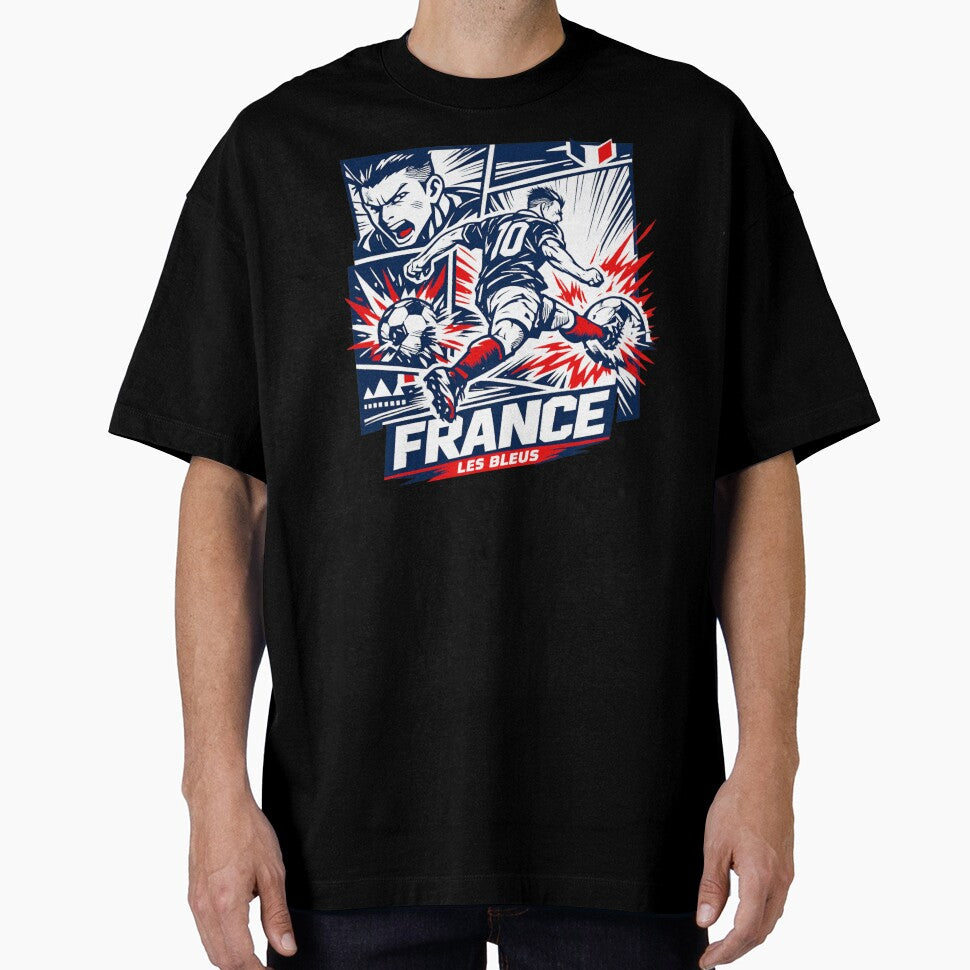 France Soccer Anime Striker Shirt – Les Bleus Football Graphic Tee, World Cup France Fan Art, Dynamic Goal Kick Design by JonelCrafts