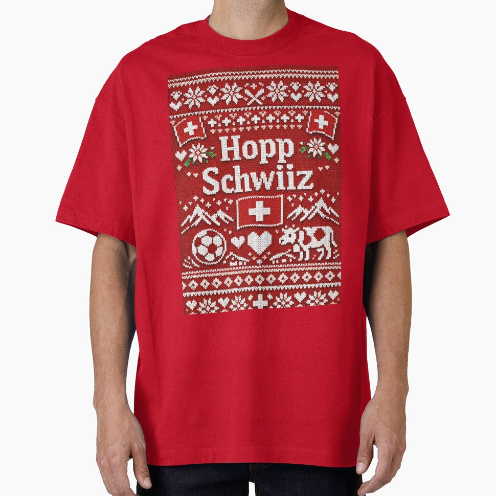 Hopp Schwiiz knitting design with cow and mountains by Mauswohn