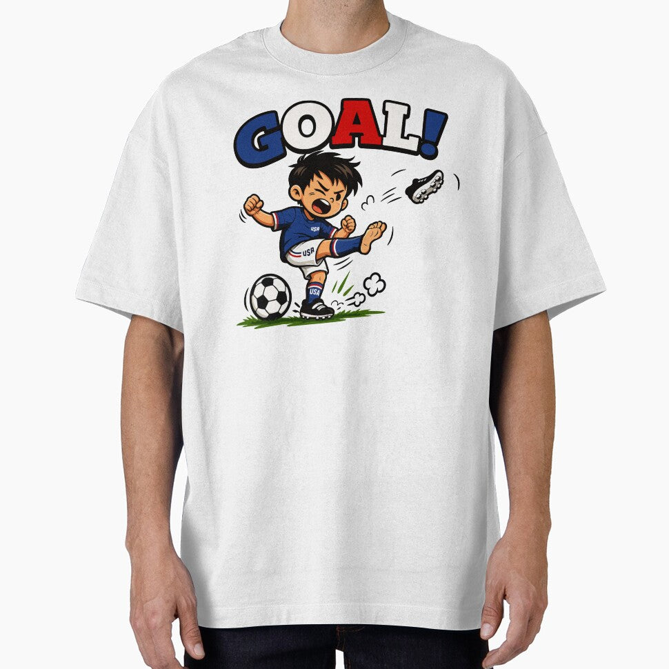 GOAL! USA Soccer Kid – Funny Cartoon American Football Boy Kicking Ball Youth Soccer Shirt by Mikoff04-arts