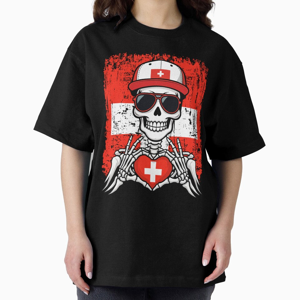 Swiss Pride Skeleton Art - Switzerland Football & Swiss Cross Spirit Tee by Colorful Designs
