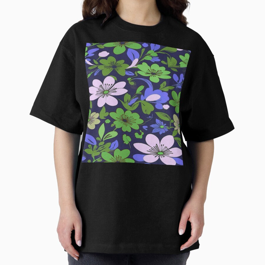 60S Flower Pattern Green And Blue Oversized T Shirt Hoodie, Sweatshirt | PureTeeCo.com