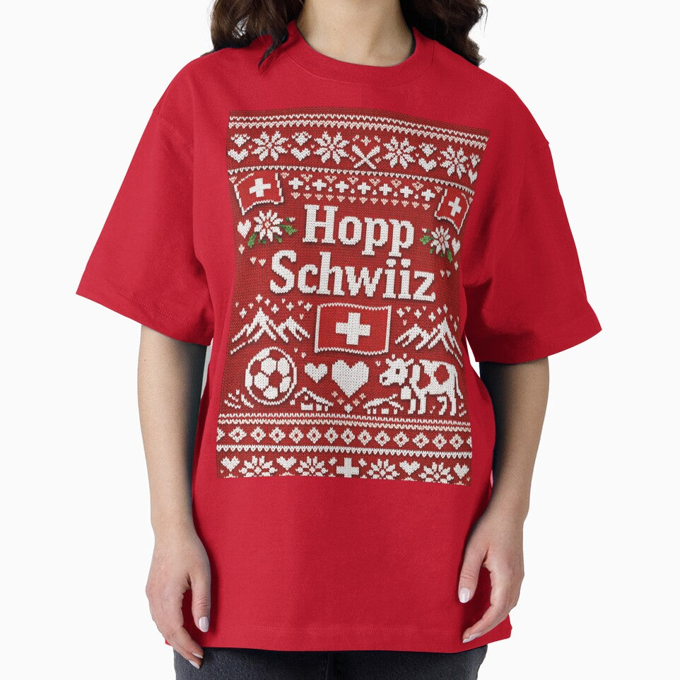 Hopp Schwiiz knitting design with cow and mountains by Mauswohn