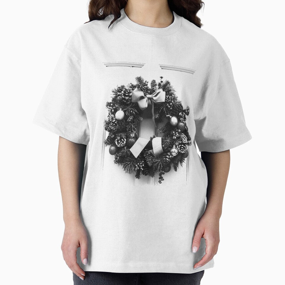Christmas Wreath on Door – Elegant Black and White Holiday Decor Illustration by inkoutninja