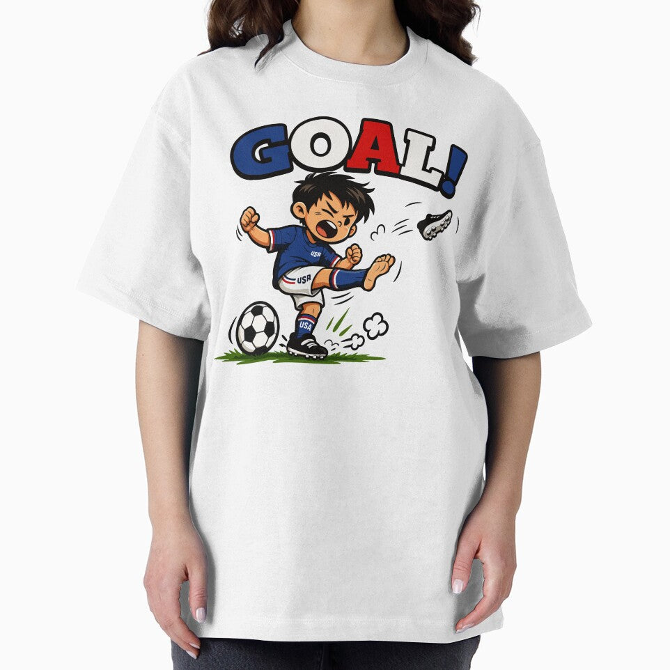 GOAL! USA Soccer Kid – Funny Cartoon American Football Boy Kicking Ball Youth Soccer Shirt by Mikoff04-arts