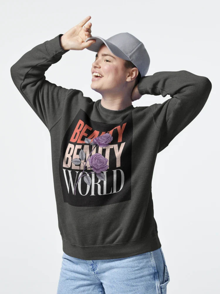 Elegant "Beauty World" Graphic Design with Purple Roses Classic T-Shirt Hoodie, Sweatshirt | PureTeeCo.com (Image 4)