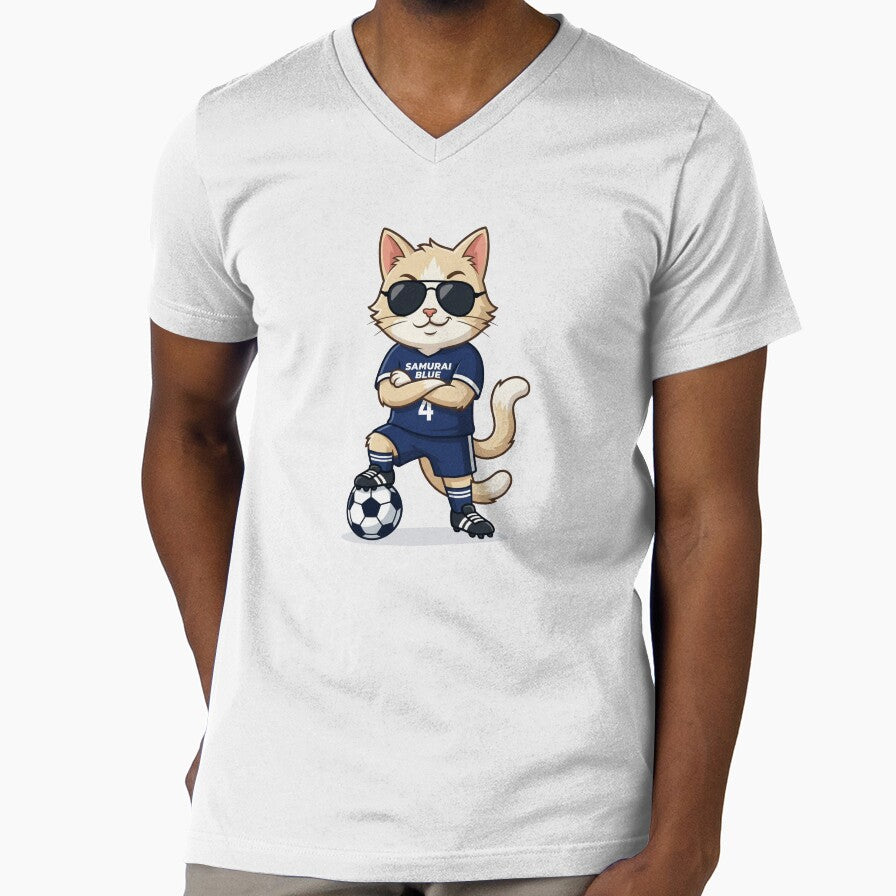 Japan Soccer Cat Cool Pose — Samurai Blue Number 4 Cartoon by David Mateo ArtWorks
