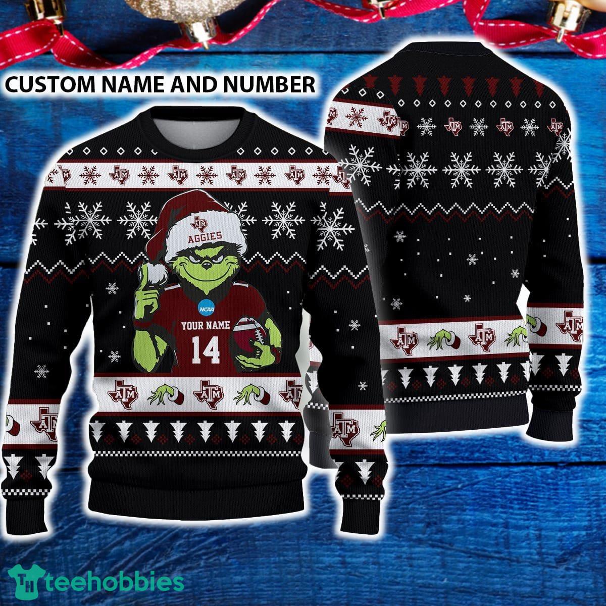 Texas A&M Aggies 3D Ugly Christmas Sweater Grinch Funny Custom Number And Name