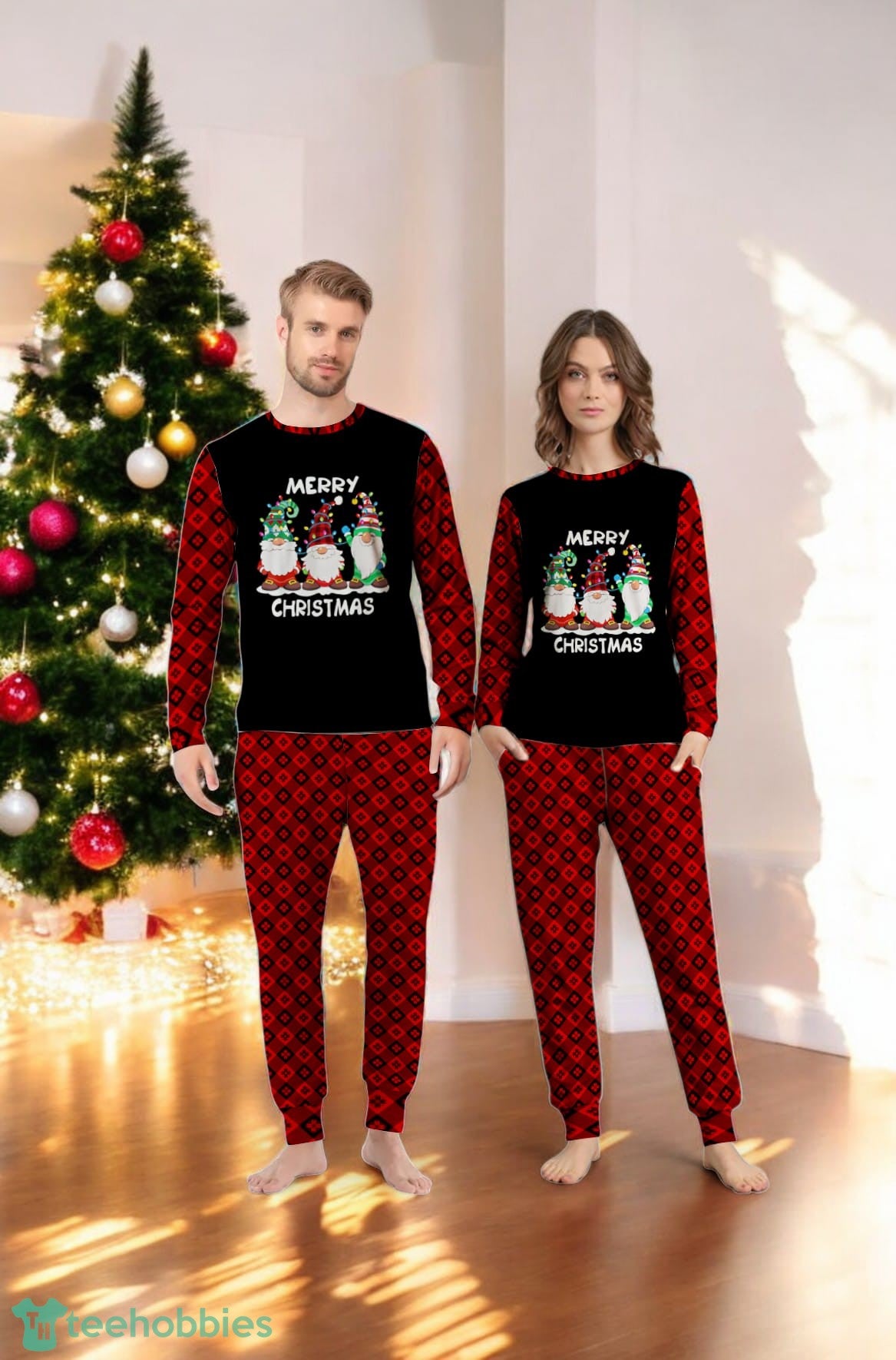 Three Gnomes Merry Christmas Gnomes Tree Lights Family Matching Pajama Set
