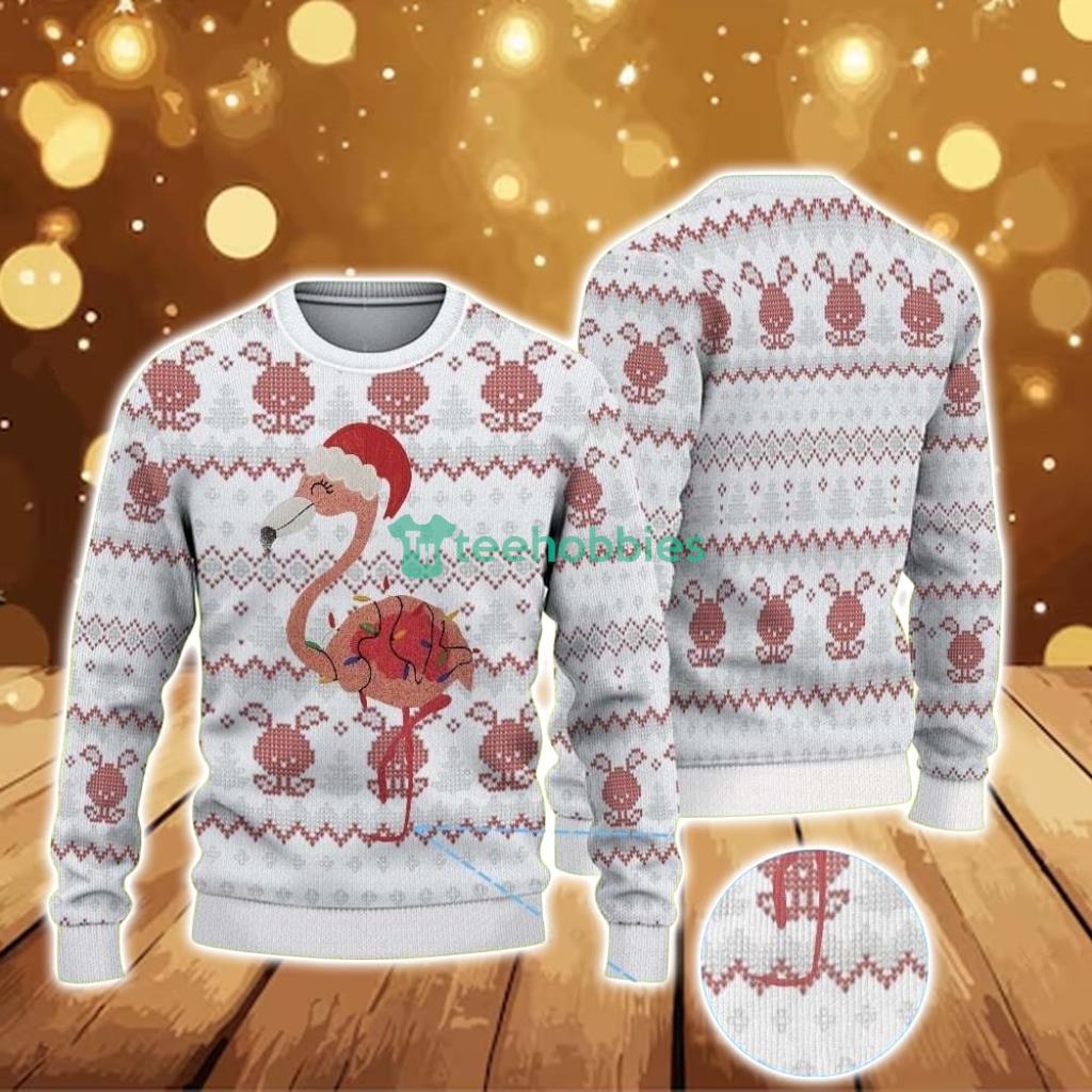 Ugly Christmas Sweater With Reindeer Pattern Featuring Pink Flamingo In Santa Hat