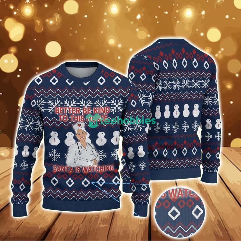 Ugly Christmas Sweater With Snowflake And Snowman Pattern Featuring Nurse Santa Holiday