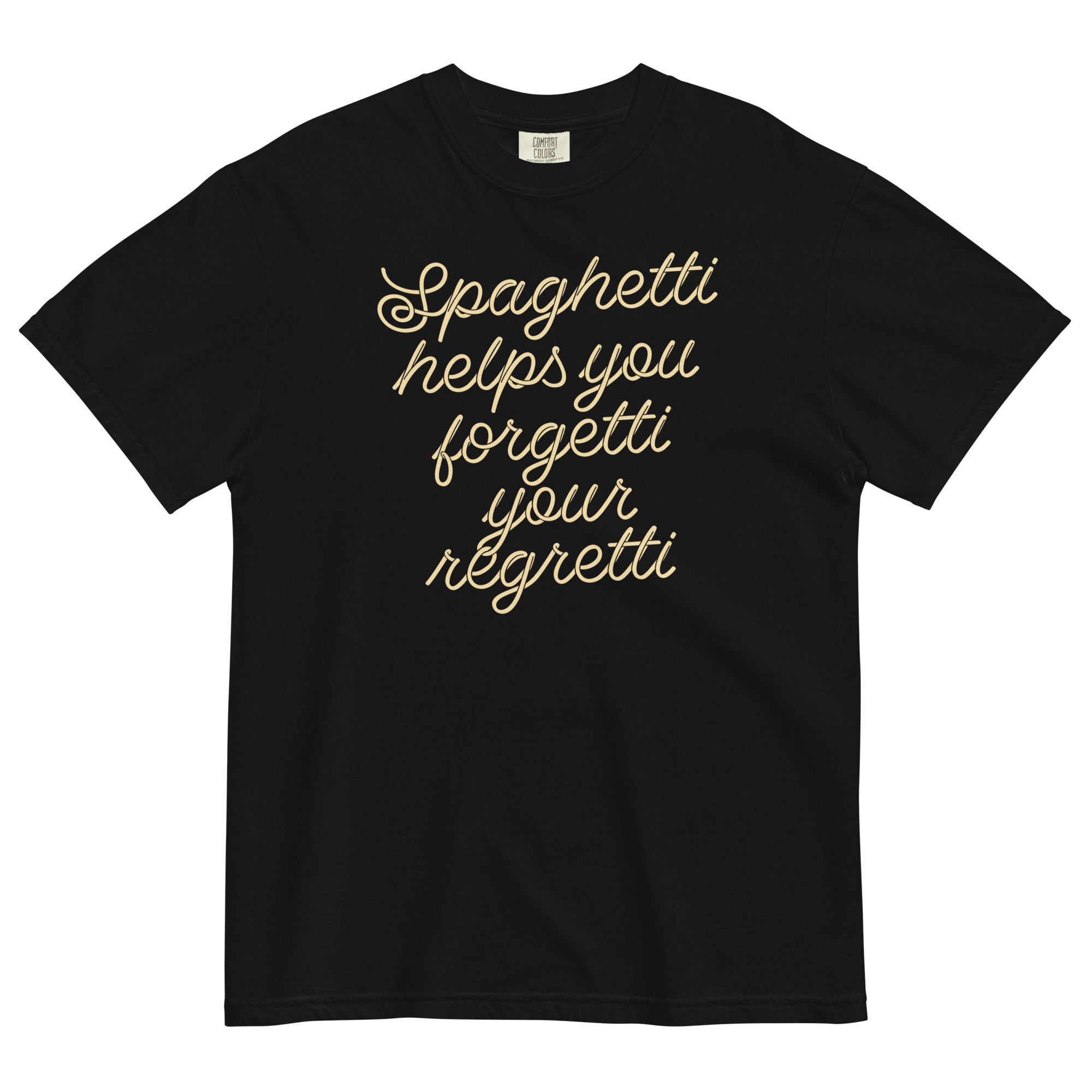 Spaghetti Helps You Forgetti Your Regretti Men's Relaxed Fit Tee Hoodie, Sweatshirt | PureTeeCo.com (Image 1)