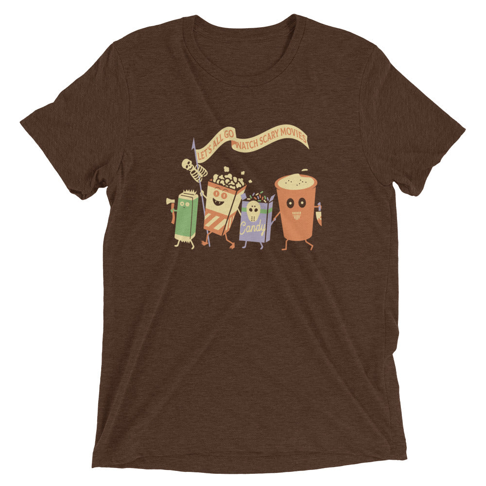 Let's All Go Watch Scary Movies Men's Tri-Blend Tee Hoodie, Sweatshirt | PureTeeCo.com (Image 3)