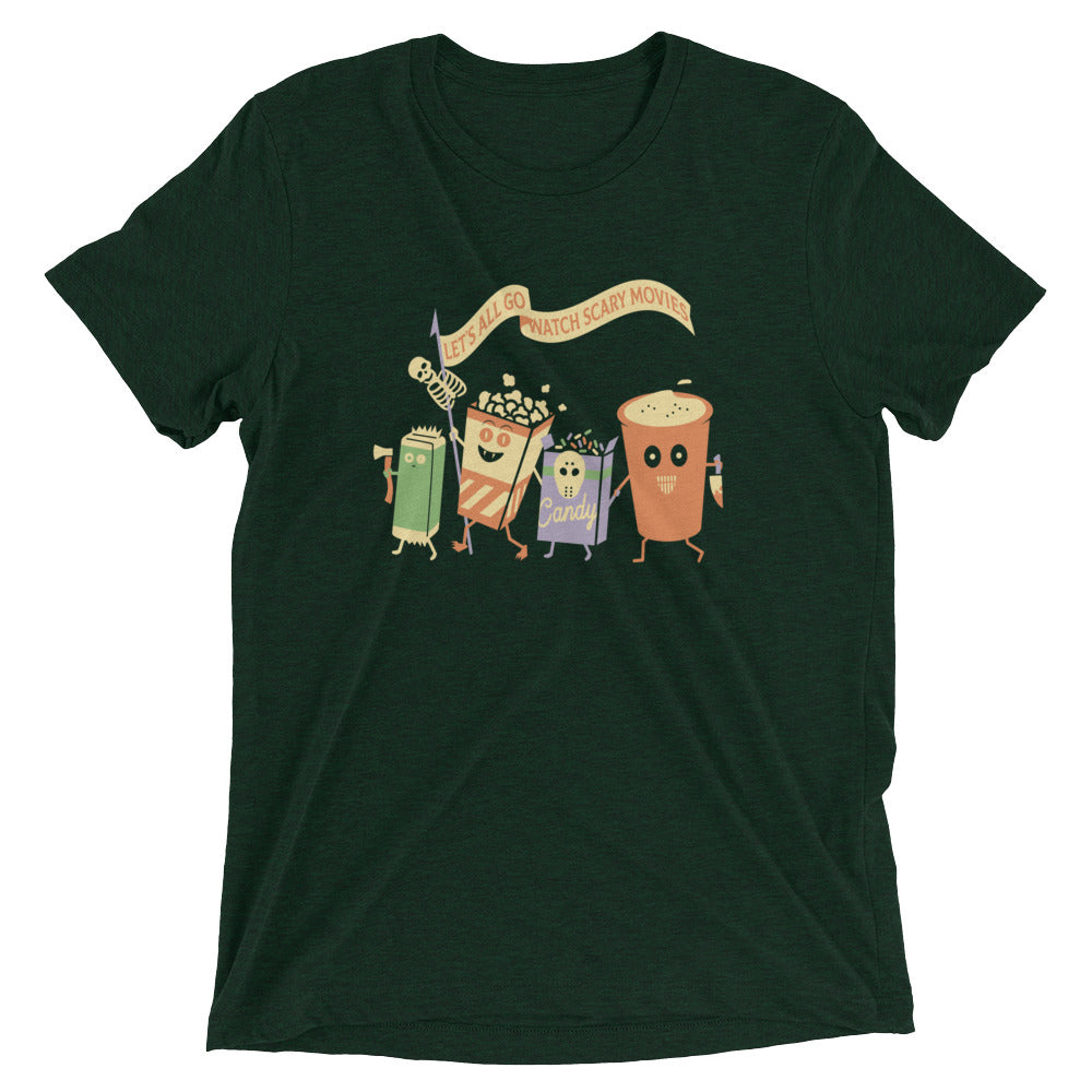 Let's All Go Watch Scary Movies Men's Tri-Blend Tee Hoodie, Sweatshirt | PureTeeCo.com (Image 2)