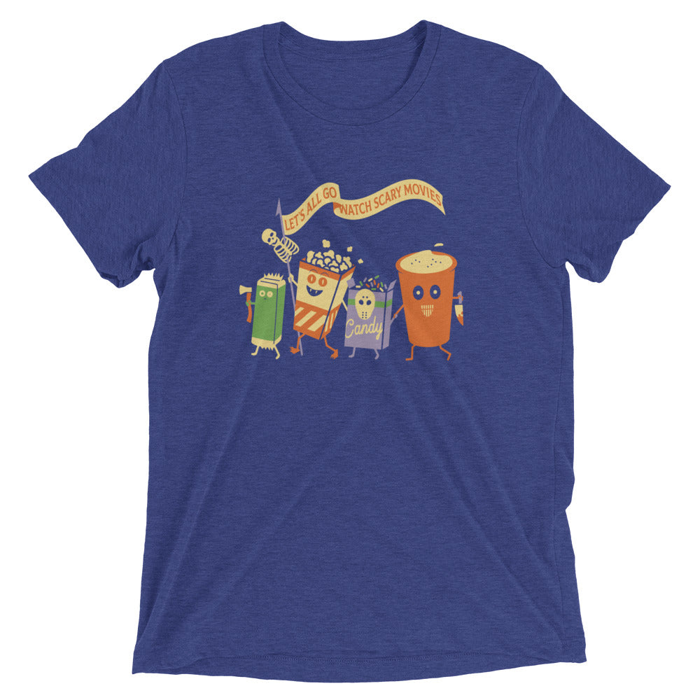 Let's All Go Watch Scary Movies Men's Tri-Blend Tee Hoodie, Sweatshirt | PureTeeCo.com (Image 4)