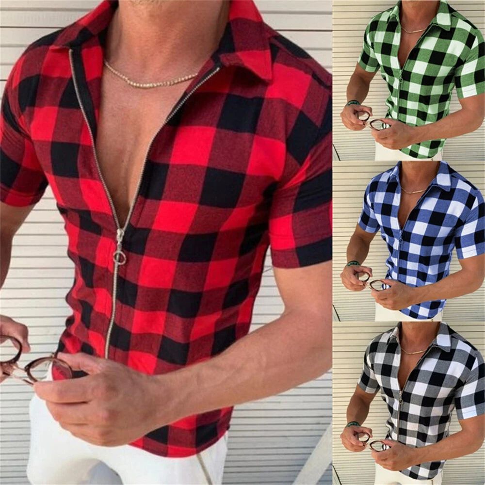 Men's Zipper Shirt Casual Shirts Short Sleeve Button Down Tops Blouse