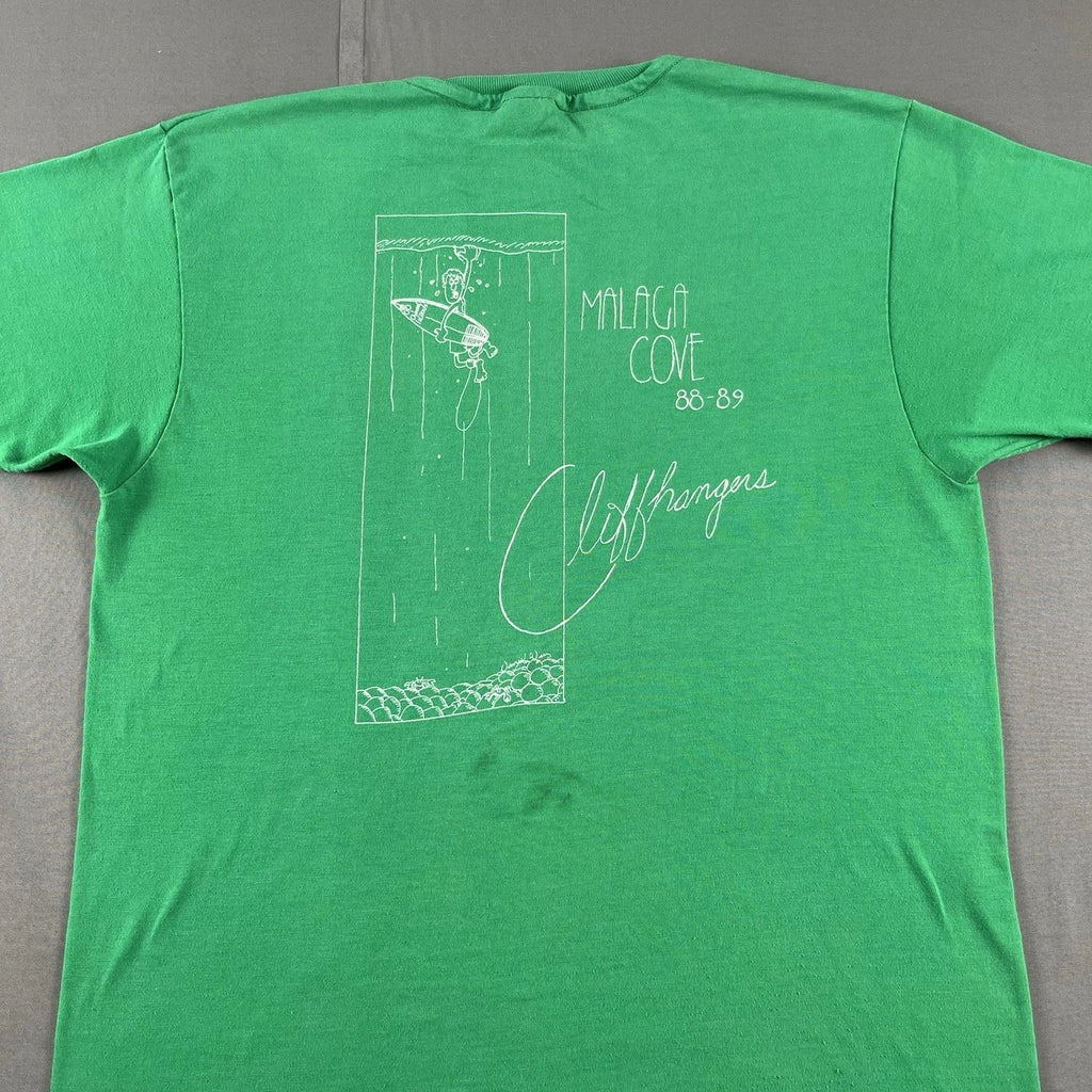 Vintage 80s Malaga Cove Cliffhangers Surf T Shirt Green Hanes Beefy T Size L