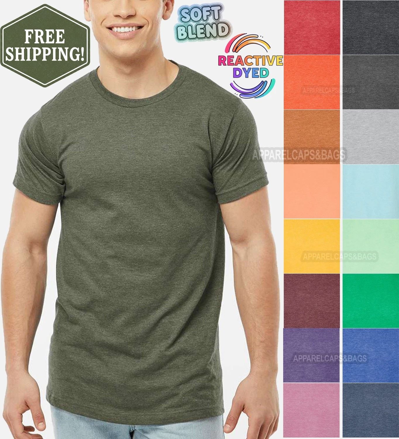 Mens Heathered Tee Soft Blended Fine Jersey Reactive Dyed T-Shirt XS-5XL NEW!
