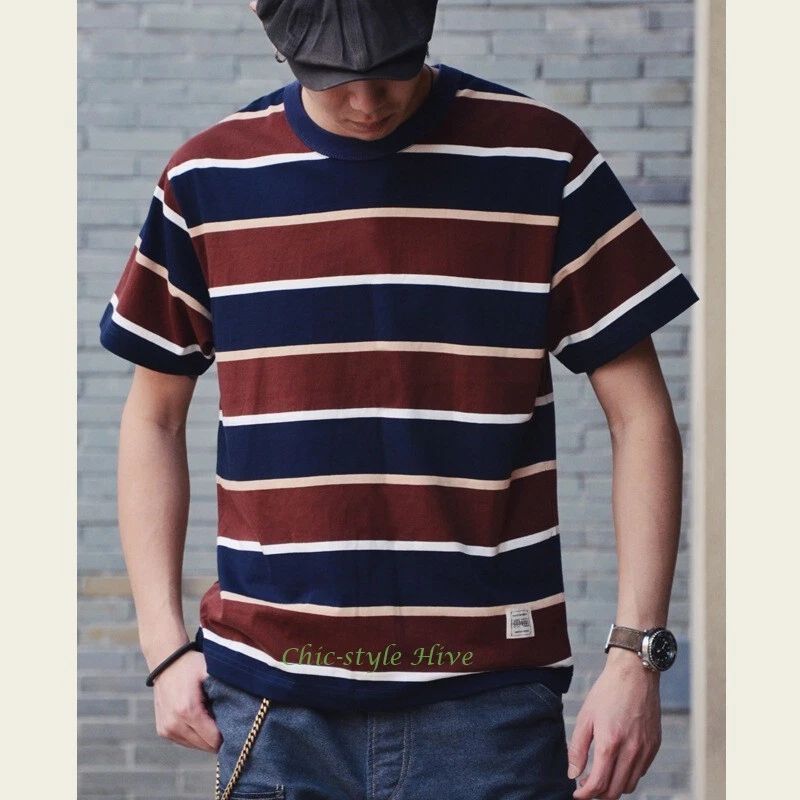 Vintage Men's Short Sleeve Crew Neck Striped T-Shirt Cotton Summer Causal Shirts