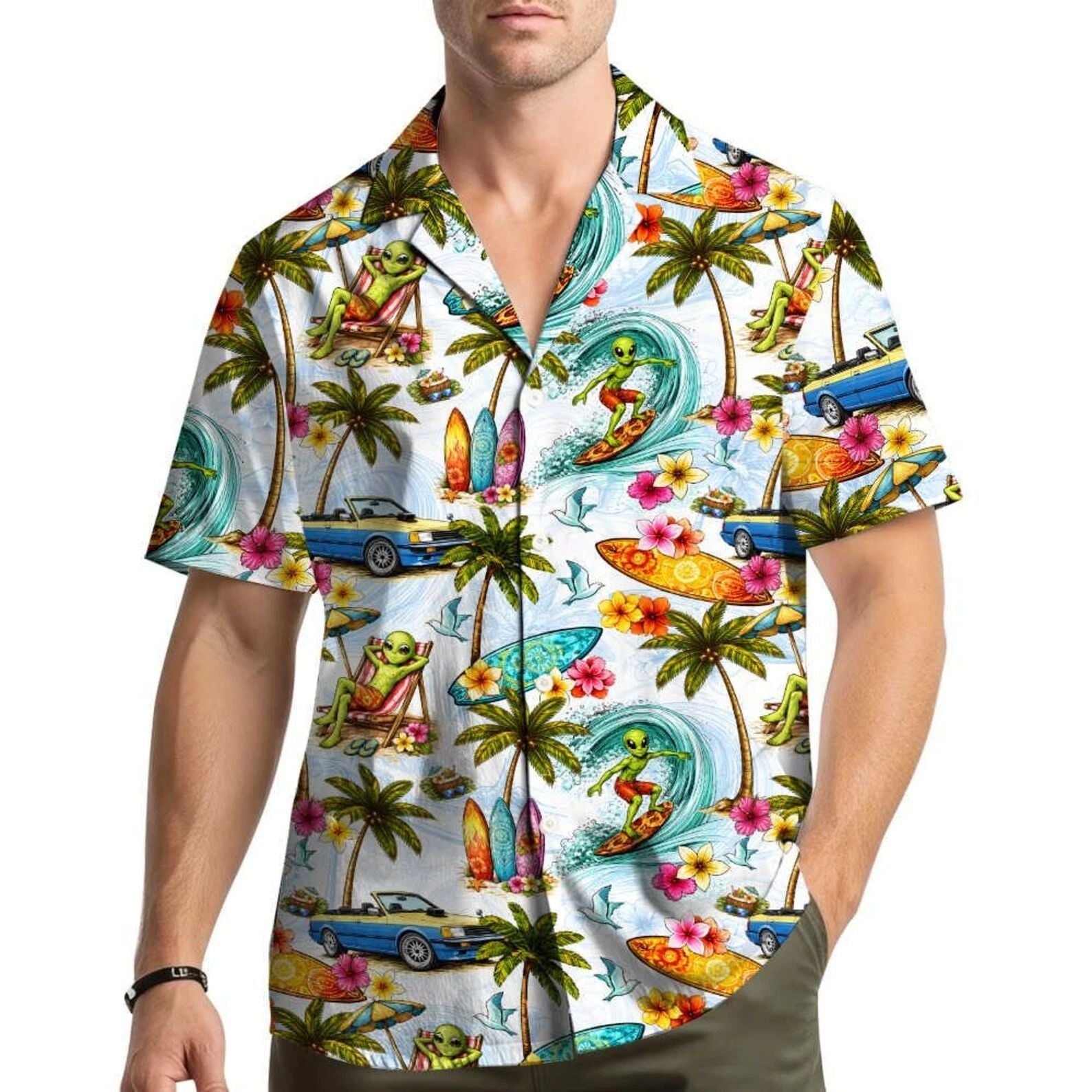 Surfing Alien Hawaiian Shirt Funny Surfer Aloha Beach Summer Button Down Unisex