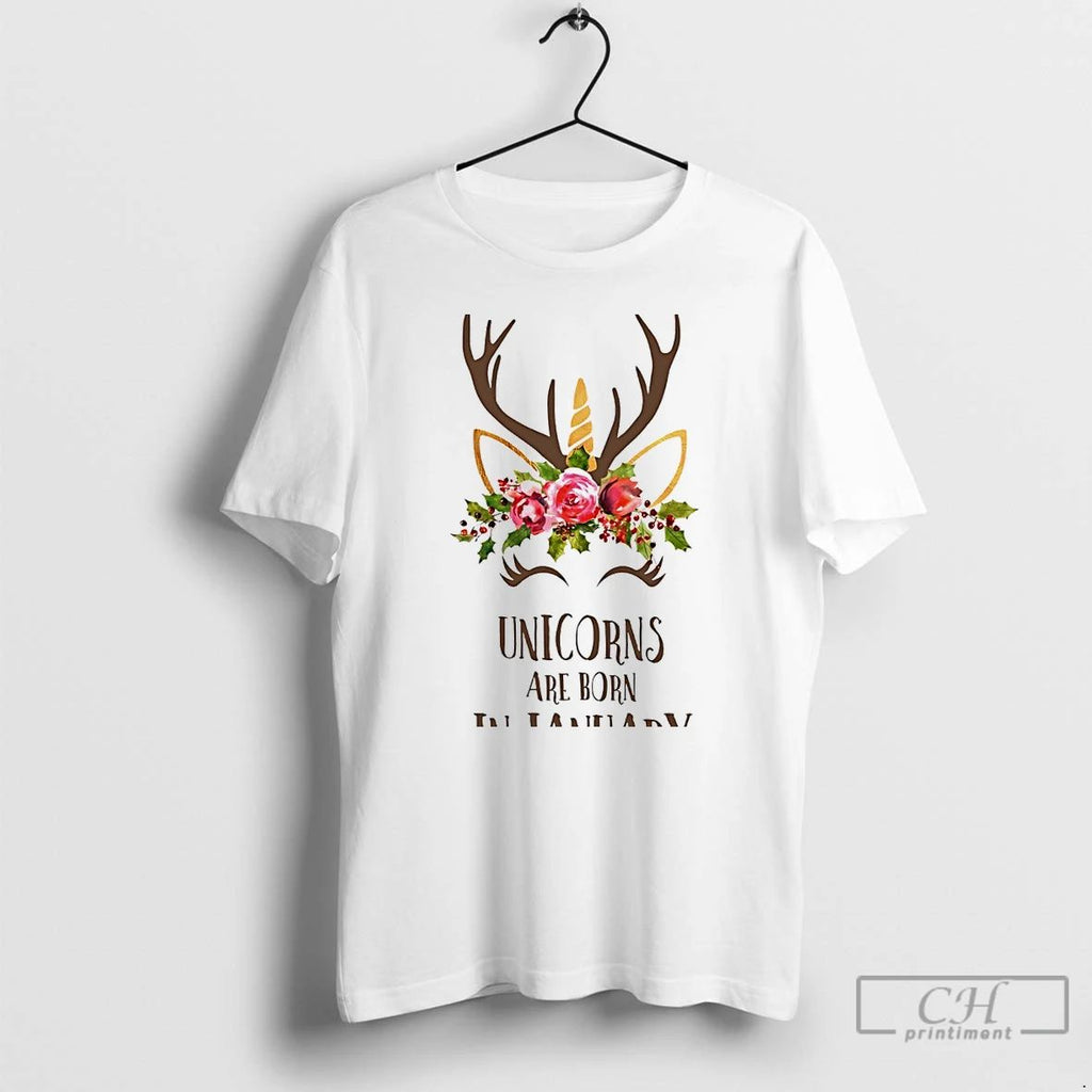 Classic Unicorns Are Born In January Antler Flower White T Shirts